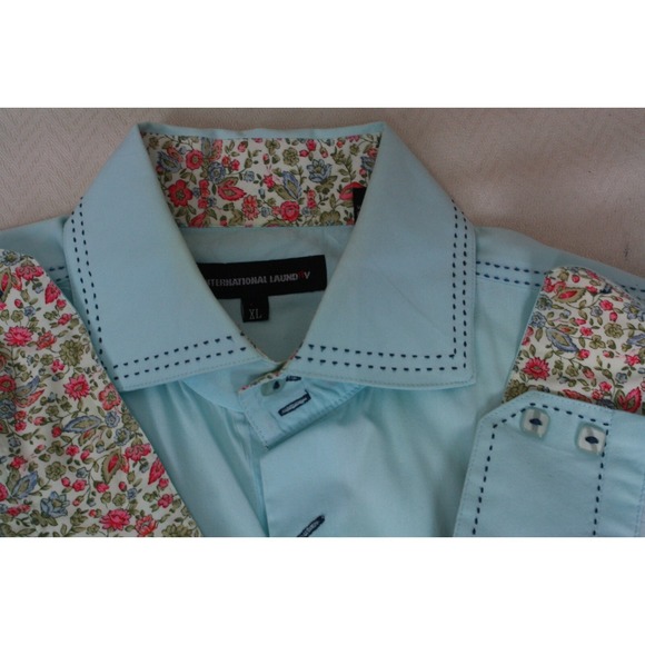 INTERNATIONAL LAUNDR Men's Shirt Teal Blue Fashion Top Stitch Contrast Cuff XL - Picture 5 of 13